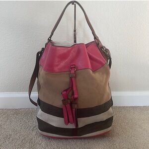 Burberry Bucket Pink/Brown House Check Canvas Susanna Tassel Shoulder Bag